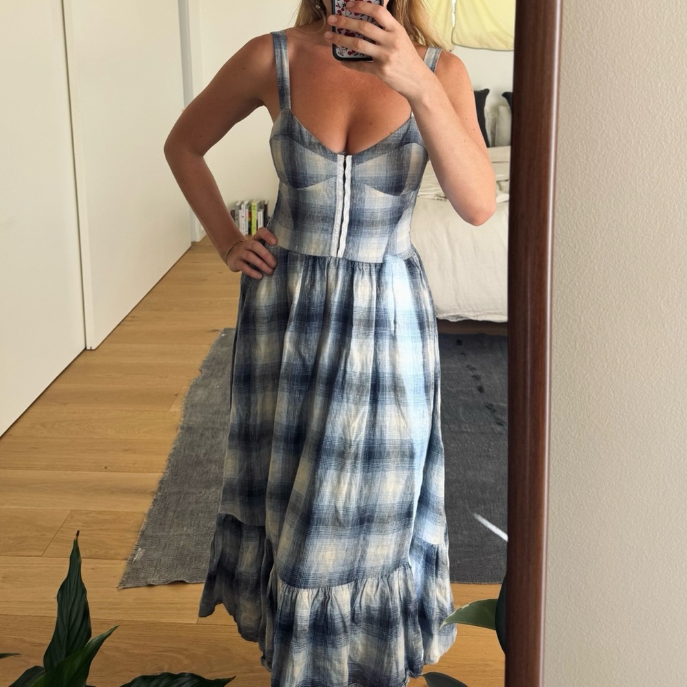 Reformation Linen Midi Blue Plaid Dress - Size 6